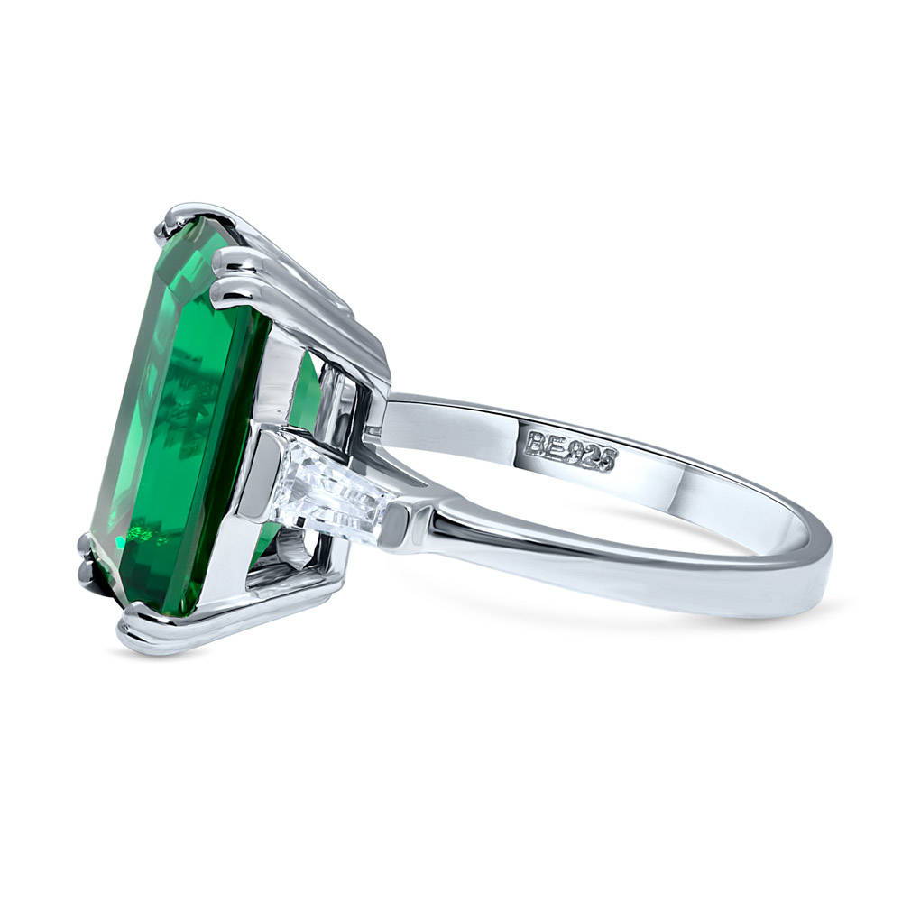 Solitaire Emerald-Green Emerald Cut CZ Ring in Sterling Silver
