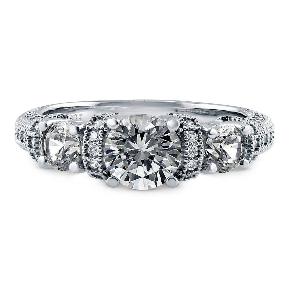 3-Stone Art Deco Milgrain 0.8ct CZ Ring in Sterling Silver