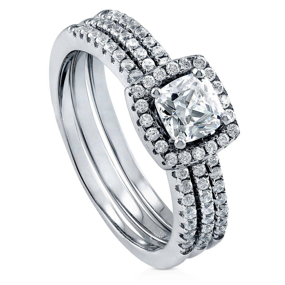 Front view of Halo Cushion CZ Ring Set in Sterling Silver, 3 of 8