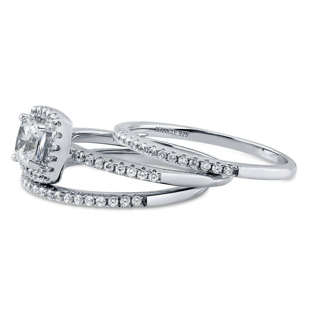 Angle view of Halo Cushion CZ Ring Set in Sterling Silver, 4 of 8