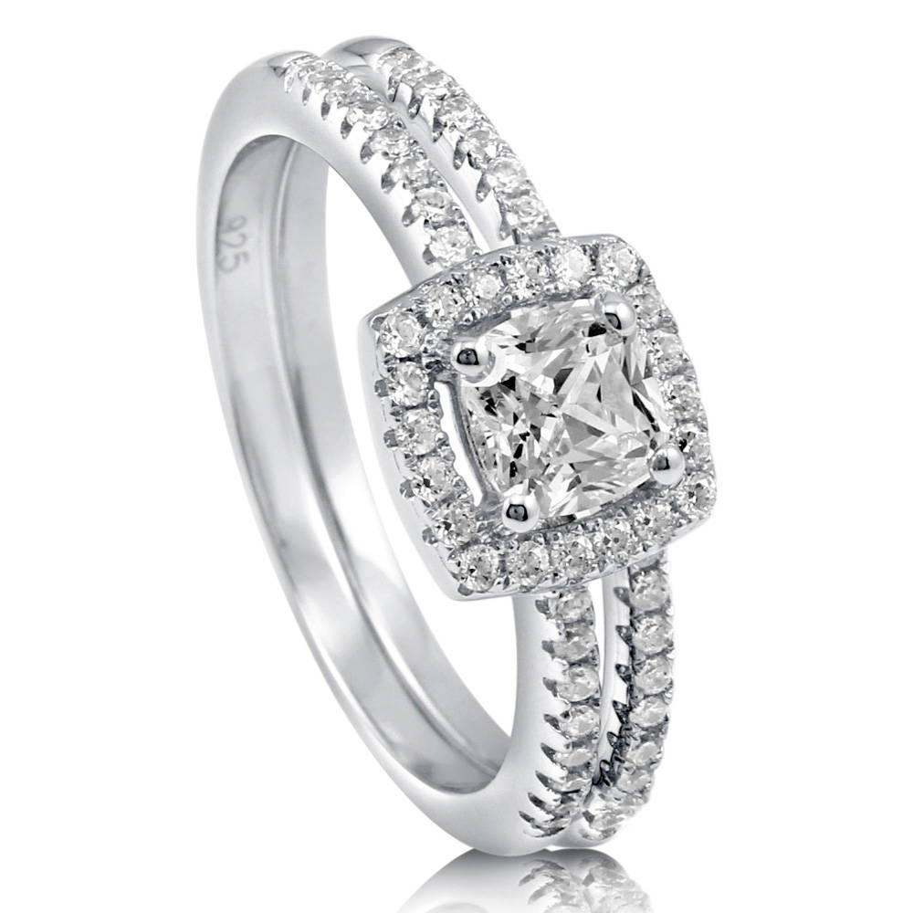 Halo Cushion CZ Ring Set in Sterling Silver