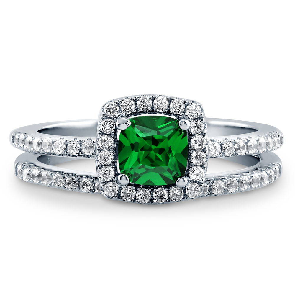 Halo Simulated Emerald Cushion CZ Ring Set in Sterling Silver