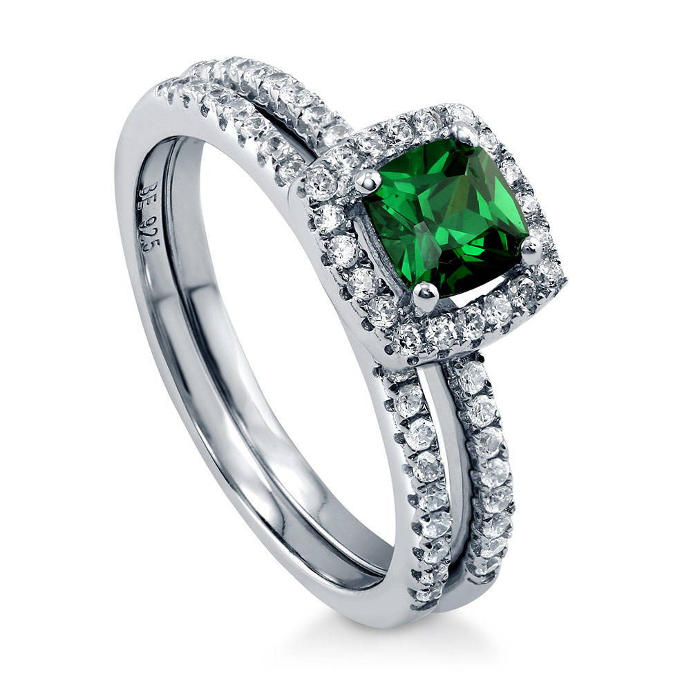 Halo Simulated Emerald Cushion CZ Ring Set in Sterling Silver