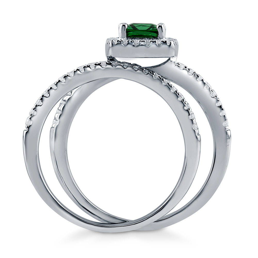 Halo Simulated Emerald Cushion CZ Ring Set in Sterling Silver