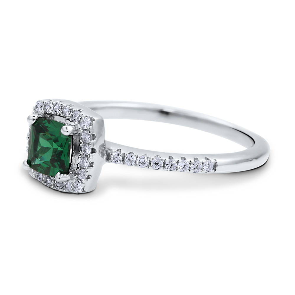 Halo Simulated Emerald Cushion CZ Ring in Sterling Silver