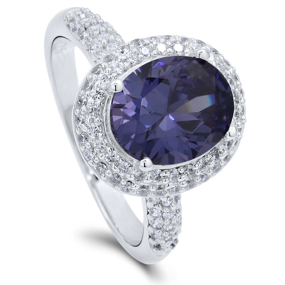 Halo Blue Oval CZ Ring in Sterling Silver