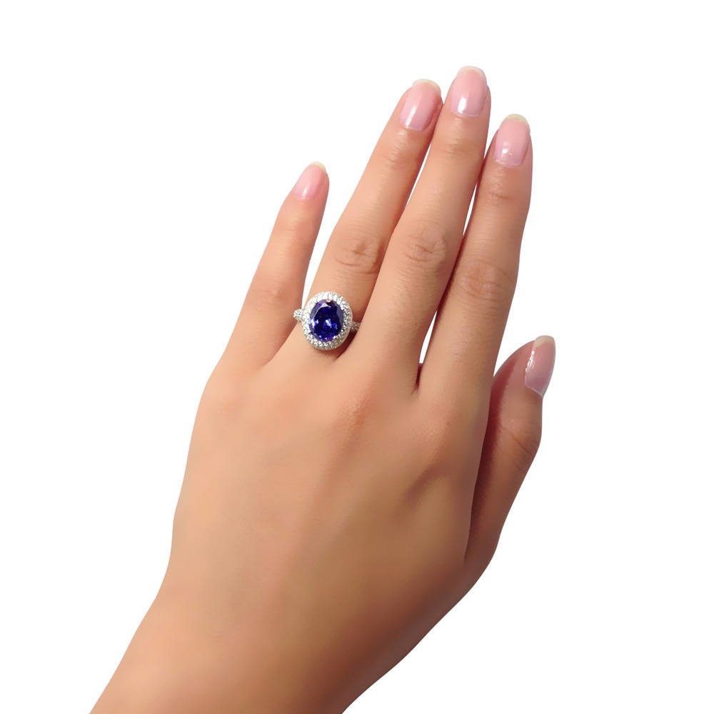 Halo Blue Oval CZ Ring in Sterling Silver