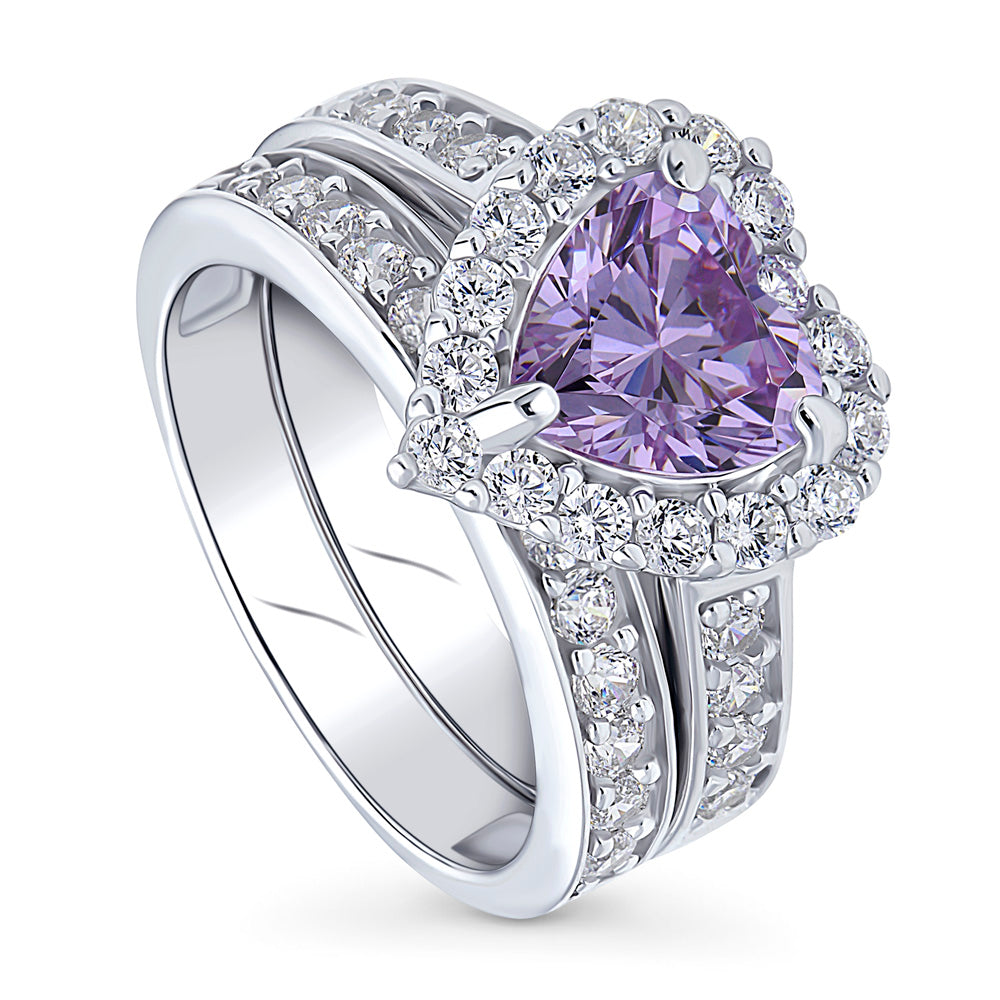 Halo Heart Purple CZ Statement Ring Set in Sterling Silver