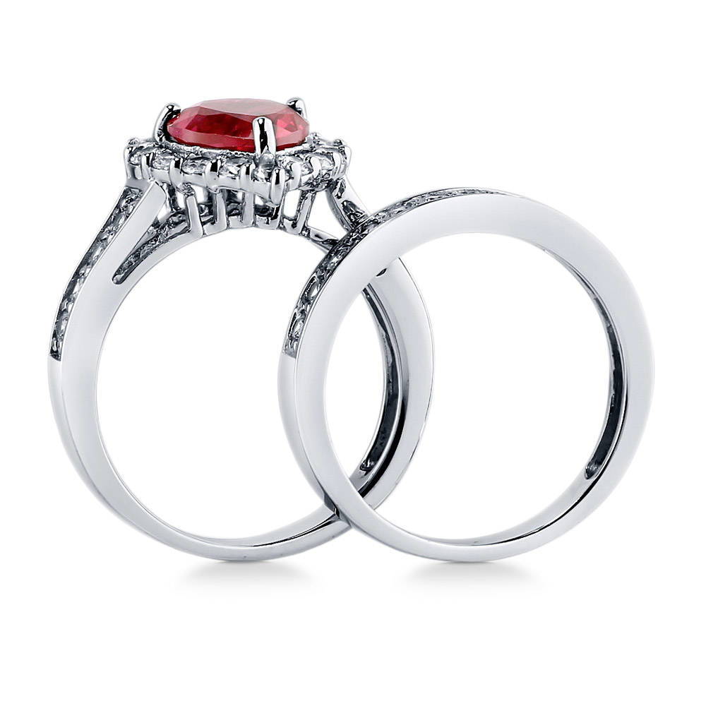 Halo Heart Simulated Ruby CZ Statement Ring Set in Sterling Silver