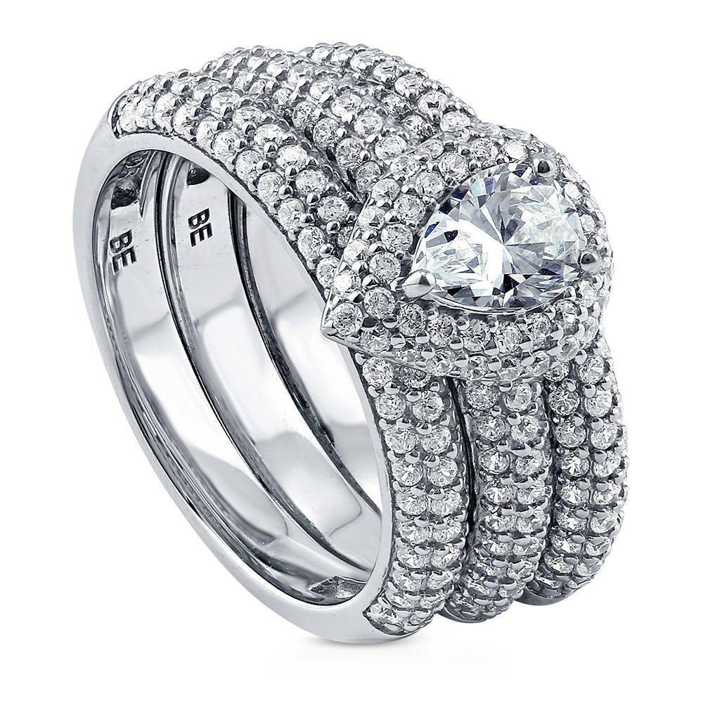 Front view of Halo Pear CZ Statement Ring Set in Sterling Silver, 4 of 7