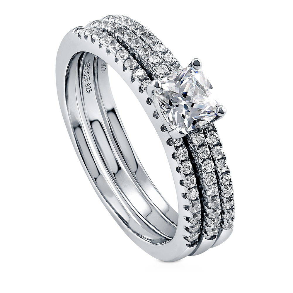 Front view of Solitaire 0.6ct Cushion CZ Ring Set in Sterling Silver, 3 of 7