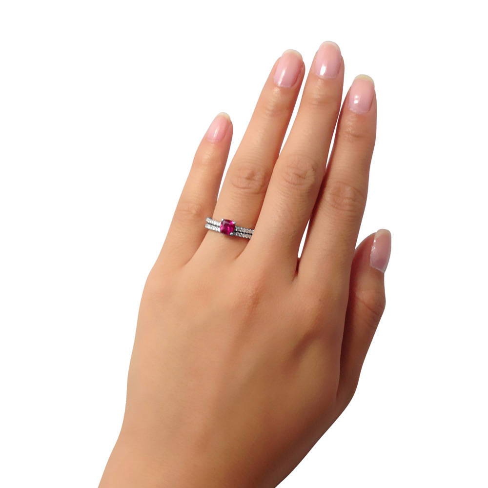 Solitaire 0.6ct Red Cushion CZ Ring Set in Sterling Silver