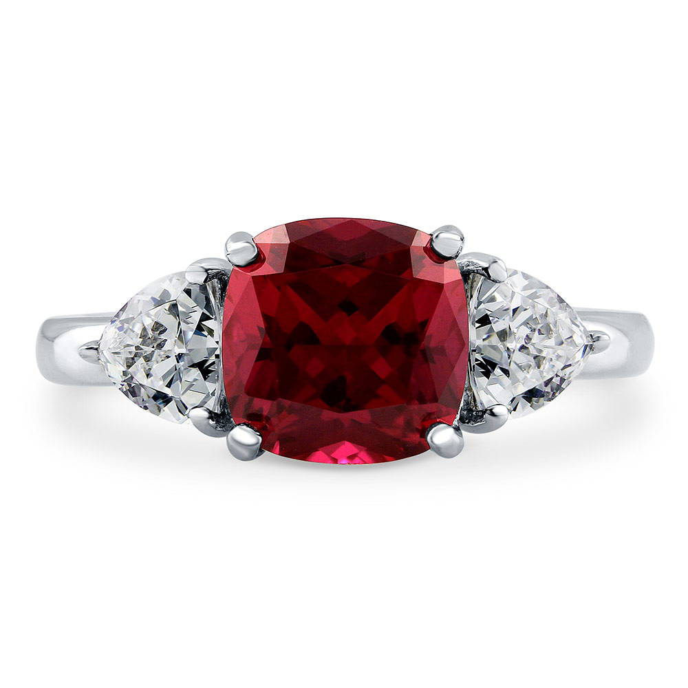 3-Stone Simulated Ruby Cushion CZ Ring in Sterling Silver, 1 of 9