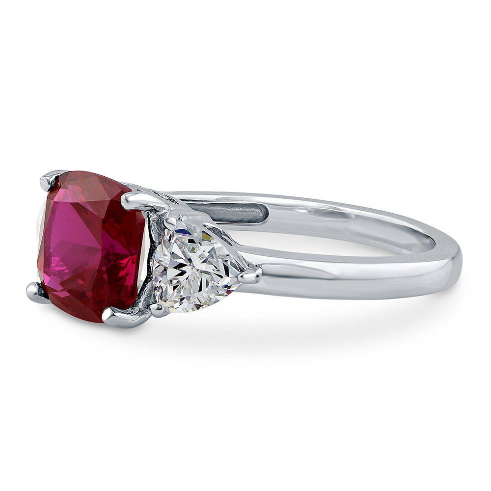 Angle view of 3-Stone Simulated Ruby Cushion CZ Ring in Sterling Silver, 5 of 9