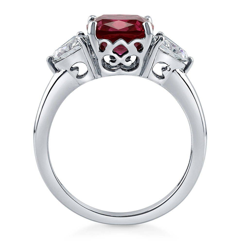 3-Stone 3ct Ruby-Red Cushion CZ Ring in Sterling Silver