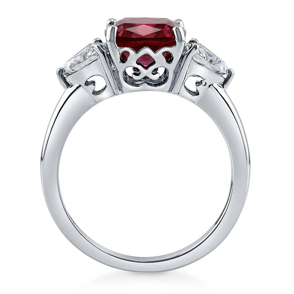 Alternate view of 3-Stone Simulated Ruby Cushion CZ Ring in Sterling Silver, 8 of 9