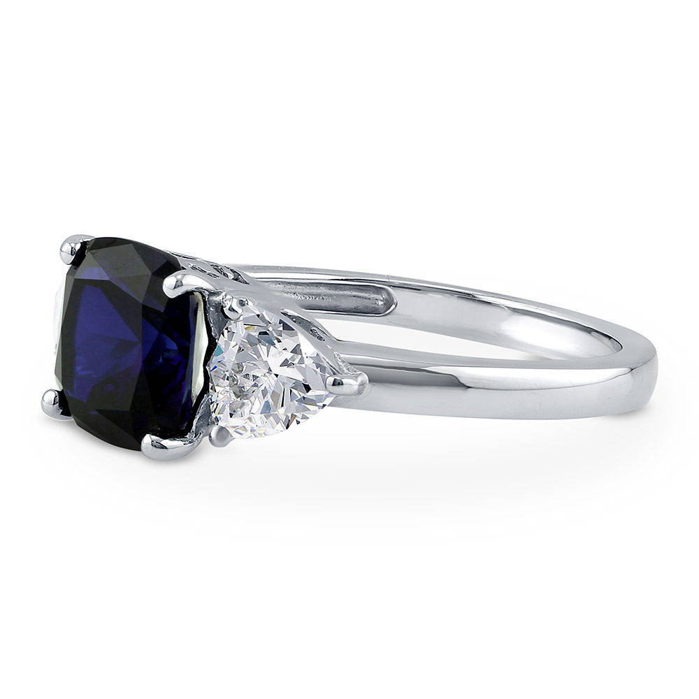 3-Stone 3ct Sapphire-Blue Cushion CZ Ring in Sterling Silver