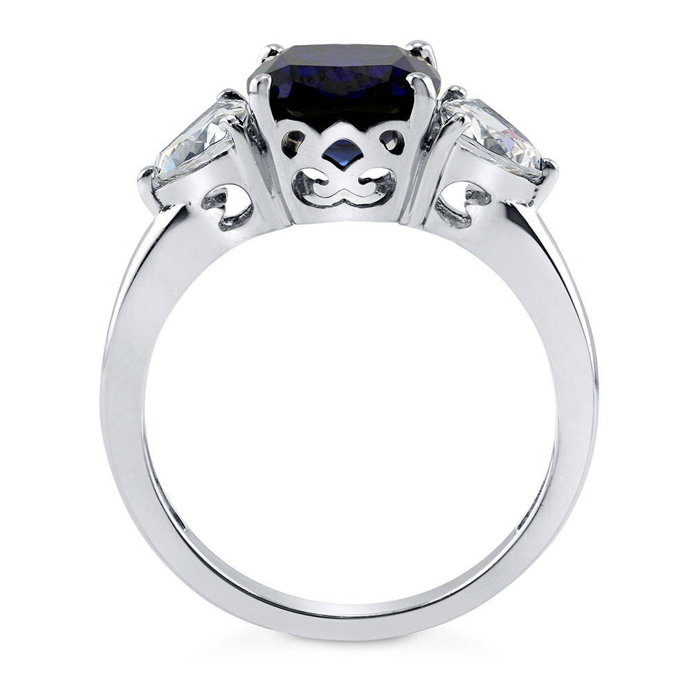 3-Stone Simulated Blue Sapphire Cushion CZ Ring in Sterling Silver