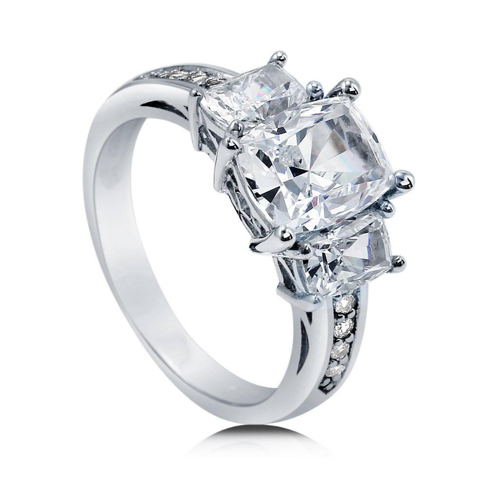 Front view of 3-Stone Cushion CZ Ring in Sterling Silver, 3 of 9
