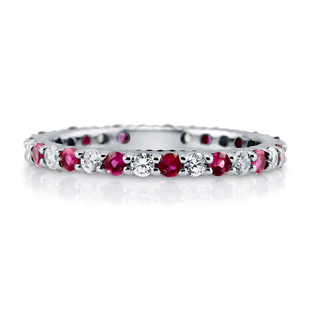 Simulated Ruby Pave Set CZ Stackable Eternity Ring in Sterling Silver