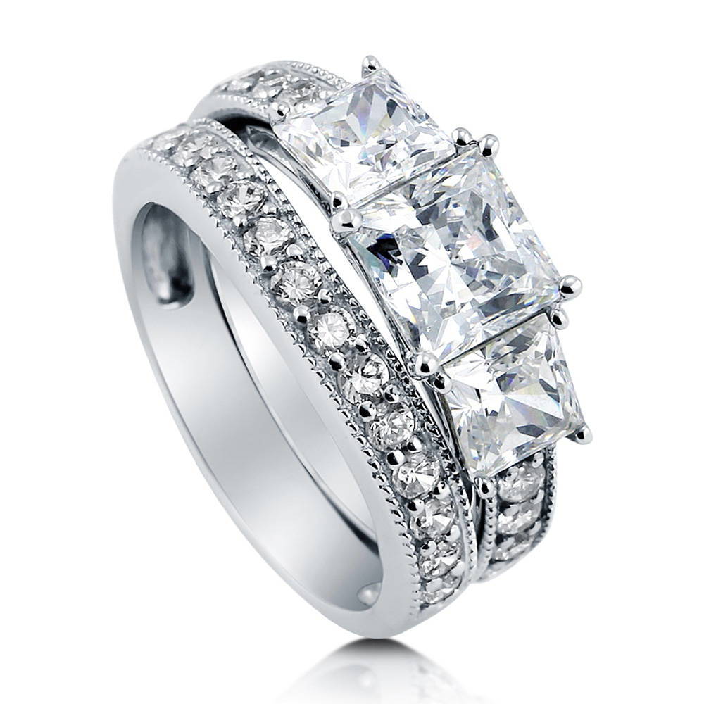 3-Stone Princess CZ Ring Set in Sterling Silver