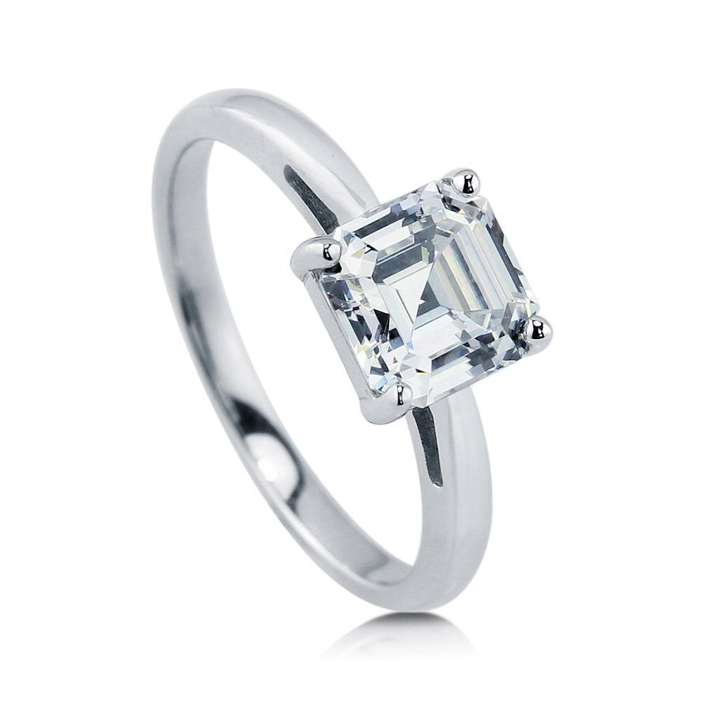 Front view of Solitaire 2ct Asscher CZ Ring in Sterling Silver, 3 of 5
