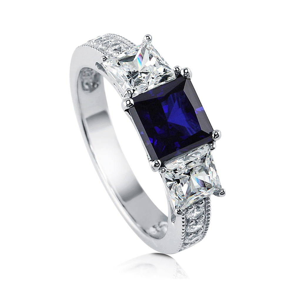 3-Stone Simulated Blue Sapphire Princess CZ Ring in Sterling Silver