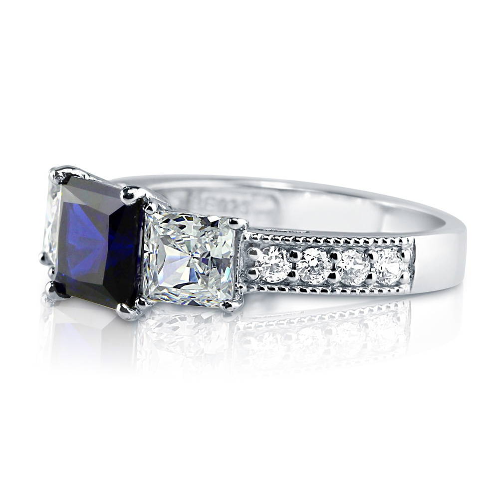 3-Stone Simulated Blue Sapphire Princess CZ Ring in Sterling Silver