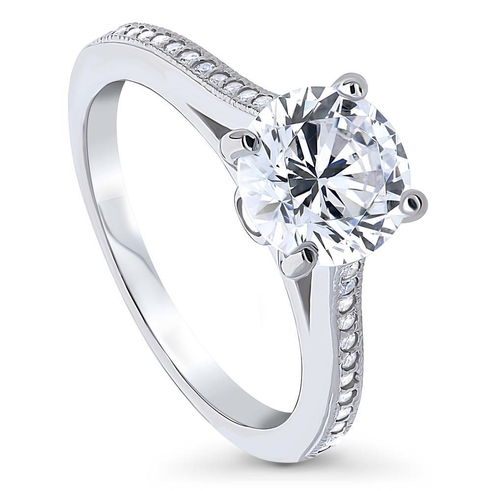 Front view of Solitaire Milgrain 2ct Round CZ Ring in Sterling Silver, 4 of 7