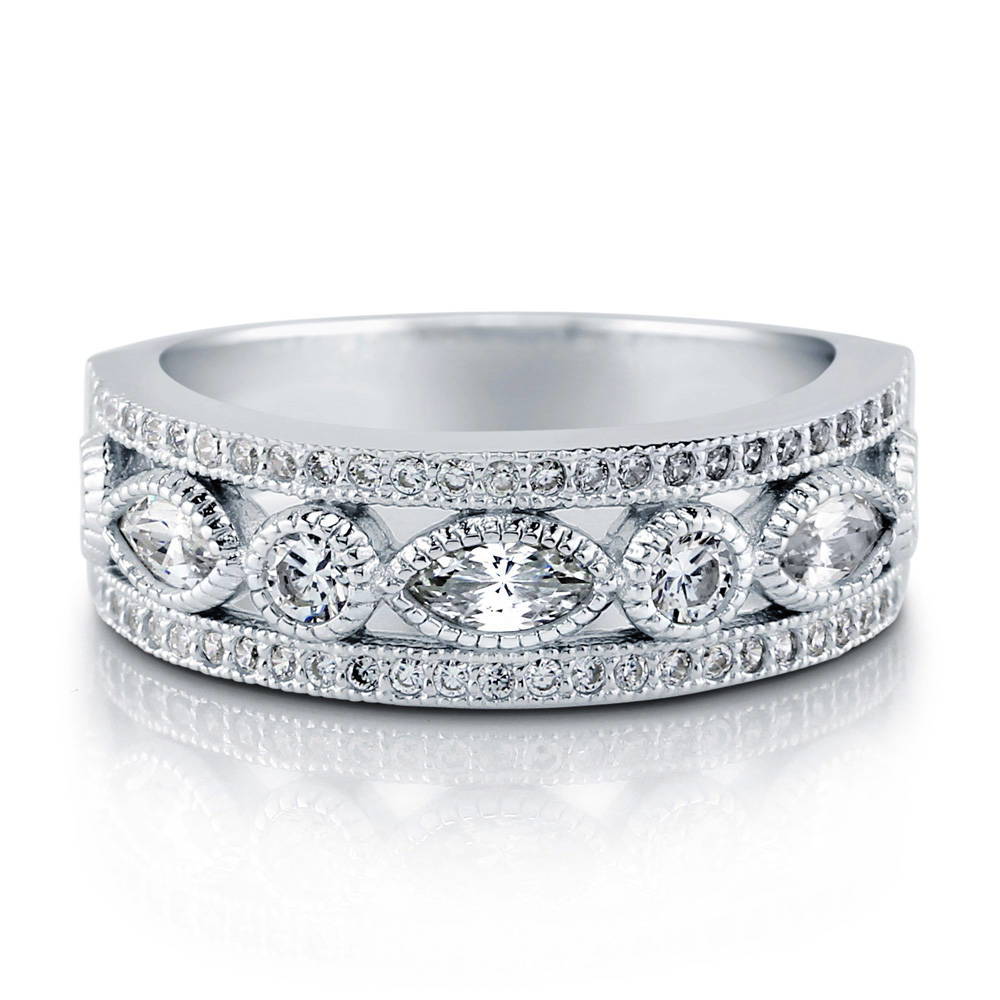 Art Deco Milgrain Bezel Set CZ Half Eternity Ring in Sterling Silver