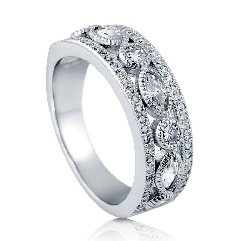 Art Deco Milgrain Bezel Set CZ Half Eternity Ring in Sterling Silver