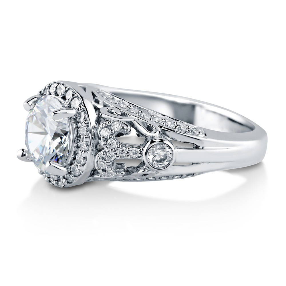 Halo Art Deco Round CZ Ring in Sterling Silver