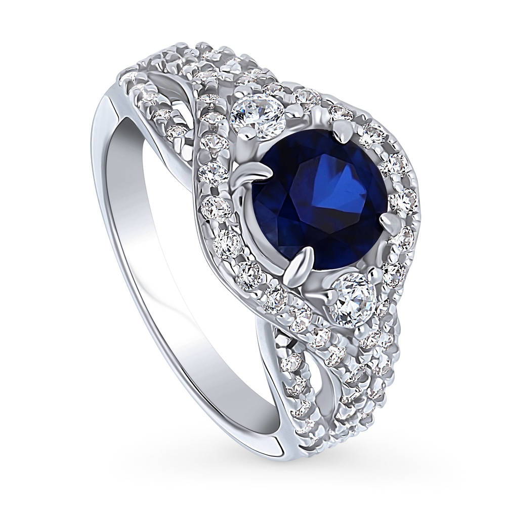 3-Stone Woven Halo Sapphire-Blue CZ Ring in Sterling Silver
