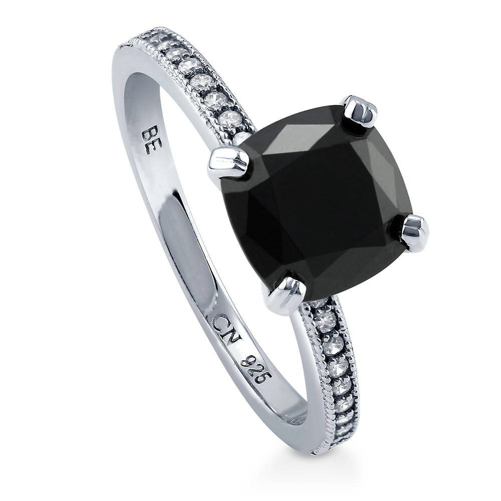 Solitaire 3ct Black Cushion CZ Ring in Sterling Silver