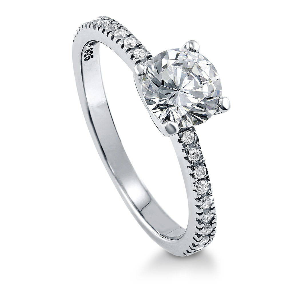 Front view of Solitaire 1ct Round CZ Ring in Sterling Silver, 3 of 7