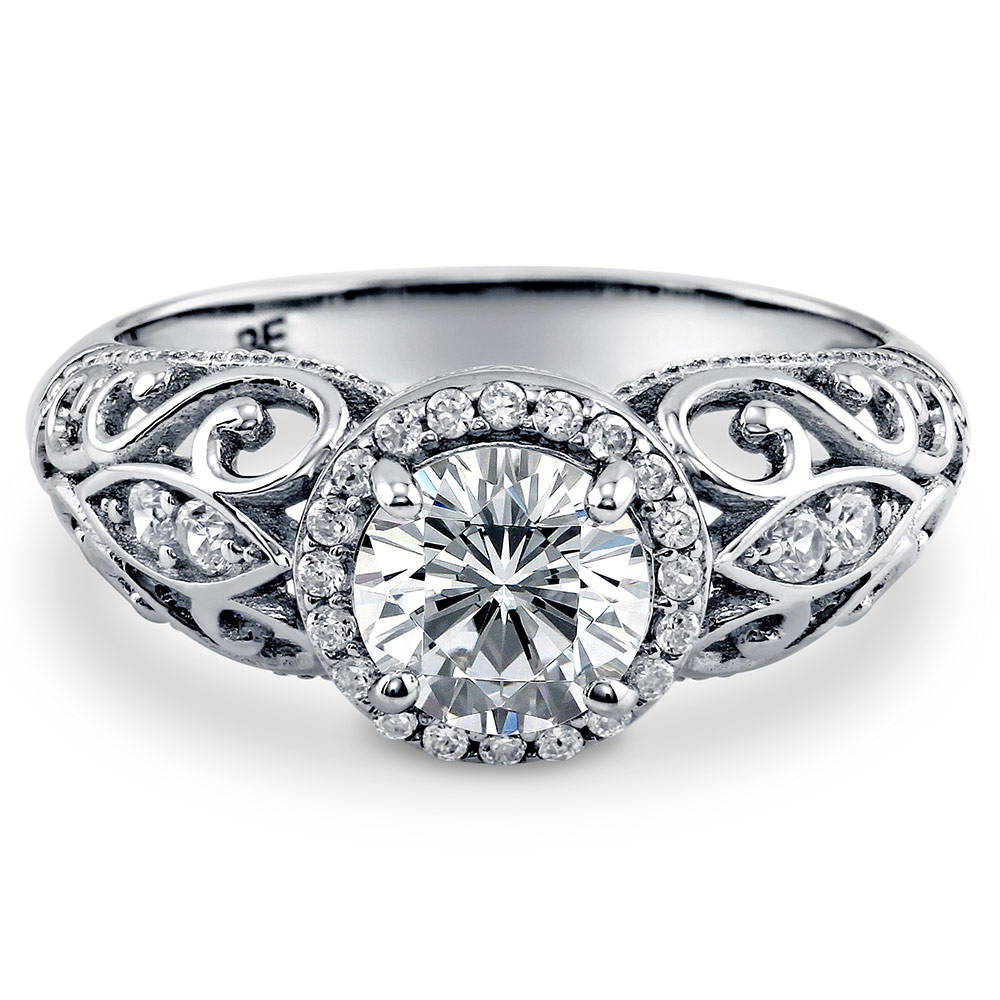 Halo Art Deco Round CZ Ring in Sterling Silver