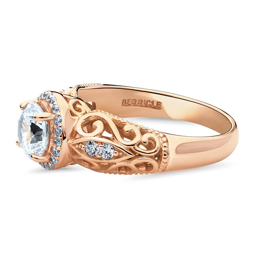 Halo Art Deco Round CZ Ring in Rose Gold Plated Sterling Silver