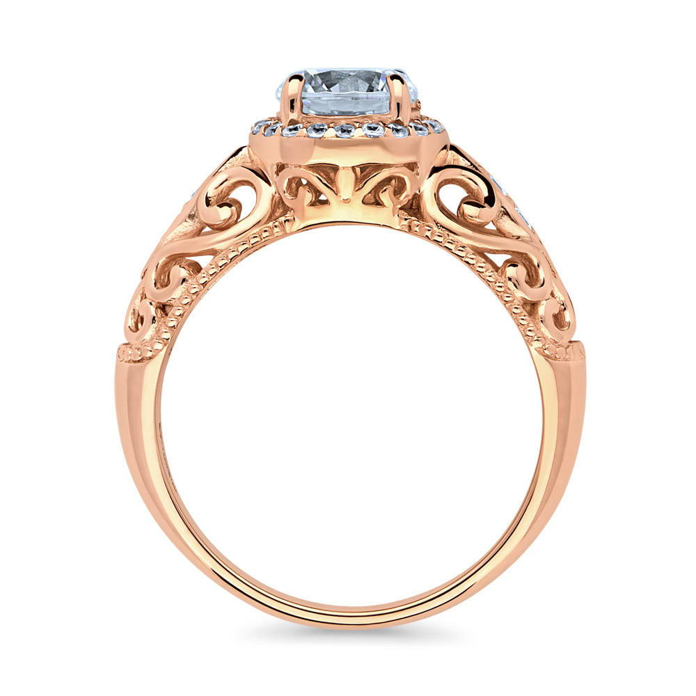 Halo Art Deco Round CZ Ring in Rose Gold Plated Sterling Silver