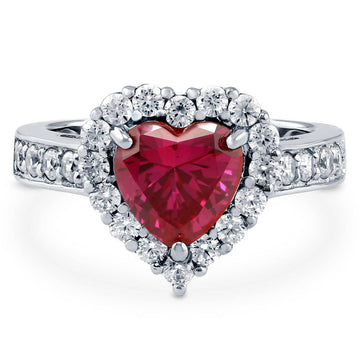 Halo Heart Simulated Ruby CZ Ring in Sterling Silver
