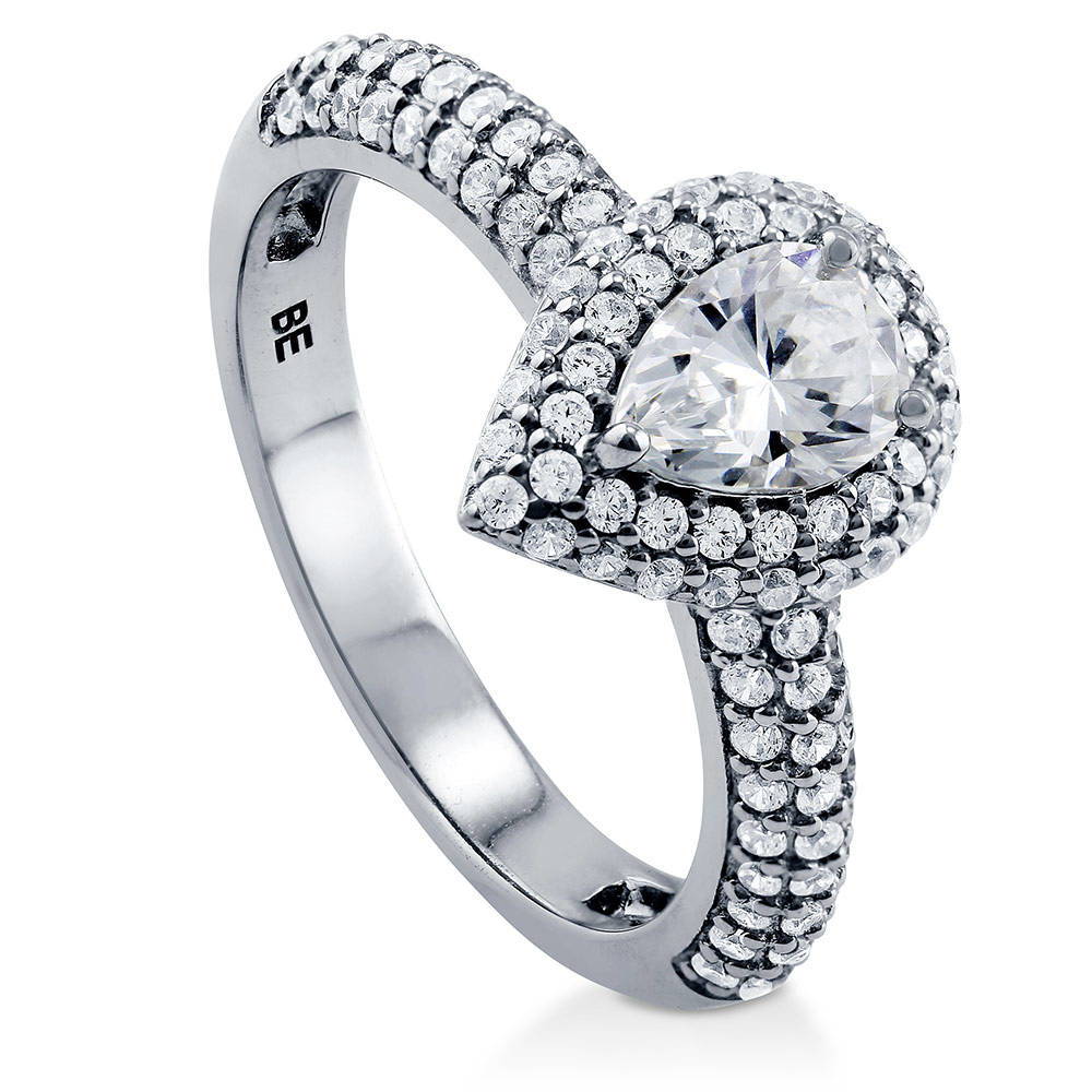 Halo Pear Cut CZ Ring in Sterling Silver