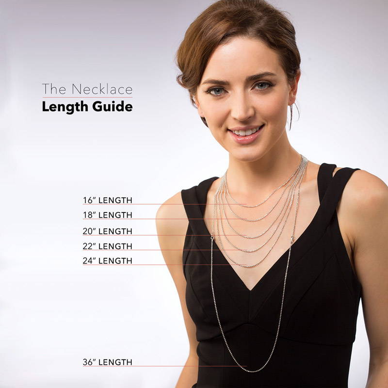 Model wearing multiple necklace chains from 16 to 36 inches for the length guide, 16 of 16