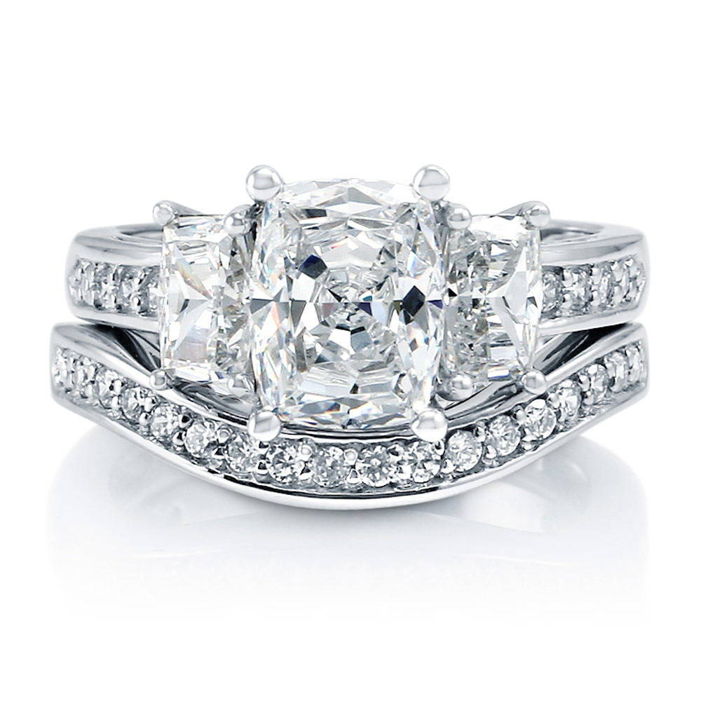 3-Stone Cushion CZ Ring Set in Sterling Silver