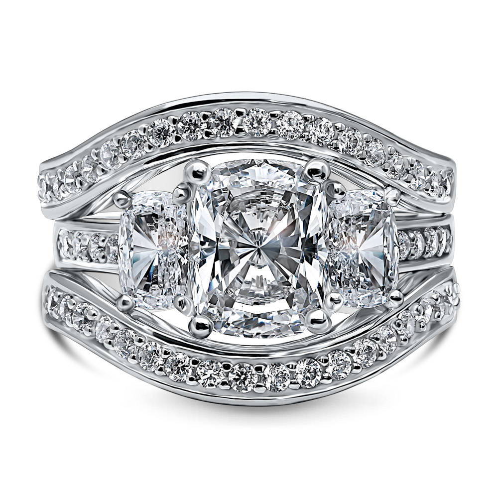 3-Stone Cushion CZ Ring Set in Sterling Silver