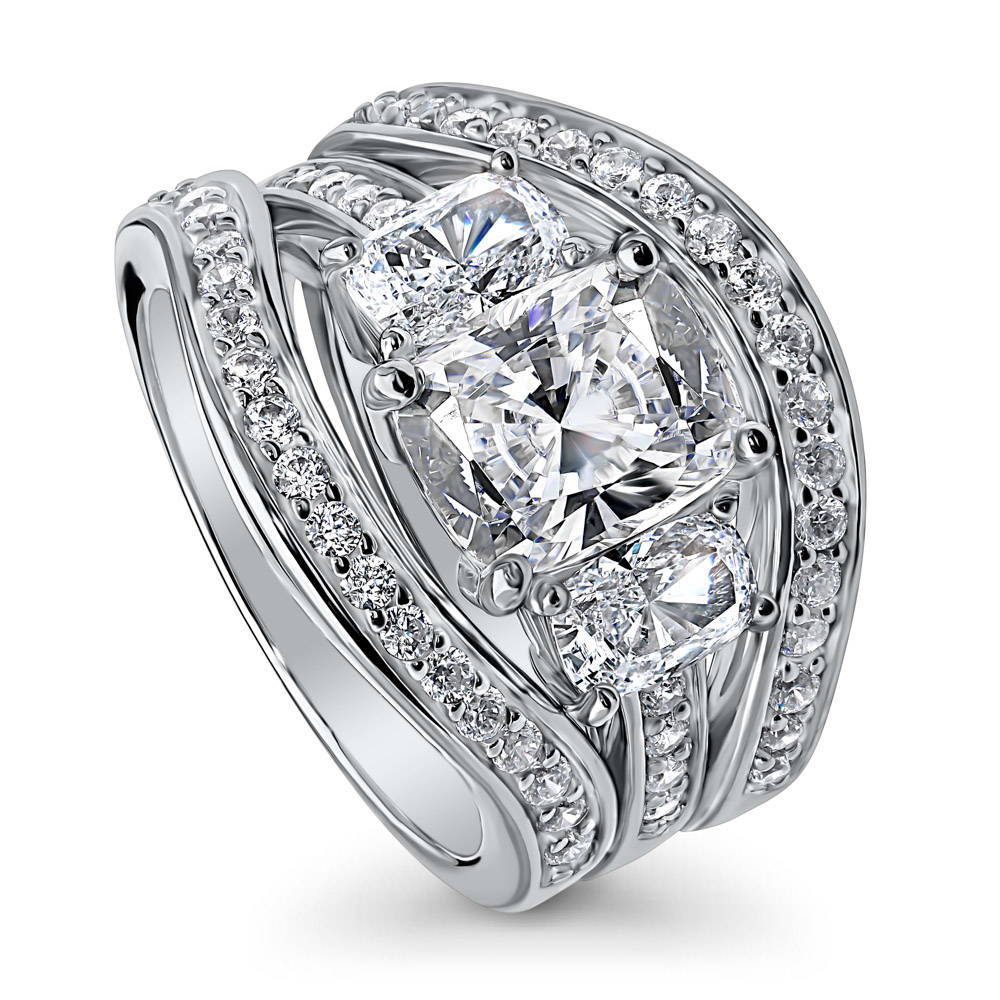 3-Stone Cushion CZ Ring Set in Sterling Silver