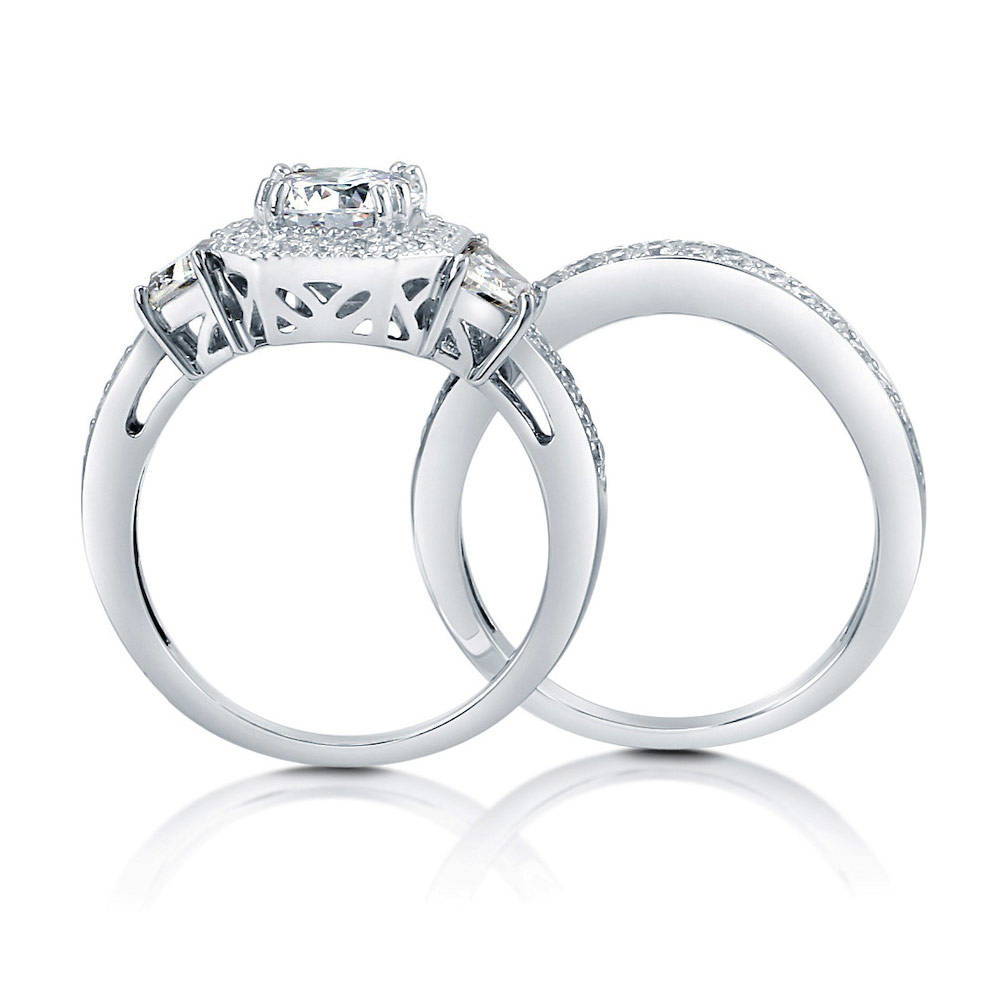 Halo Art Deco Round CZ Ring Set in Sterling Silver