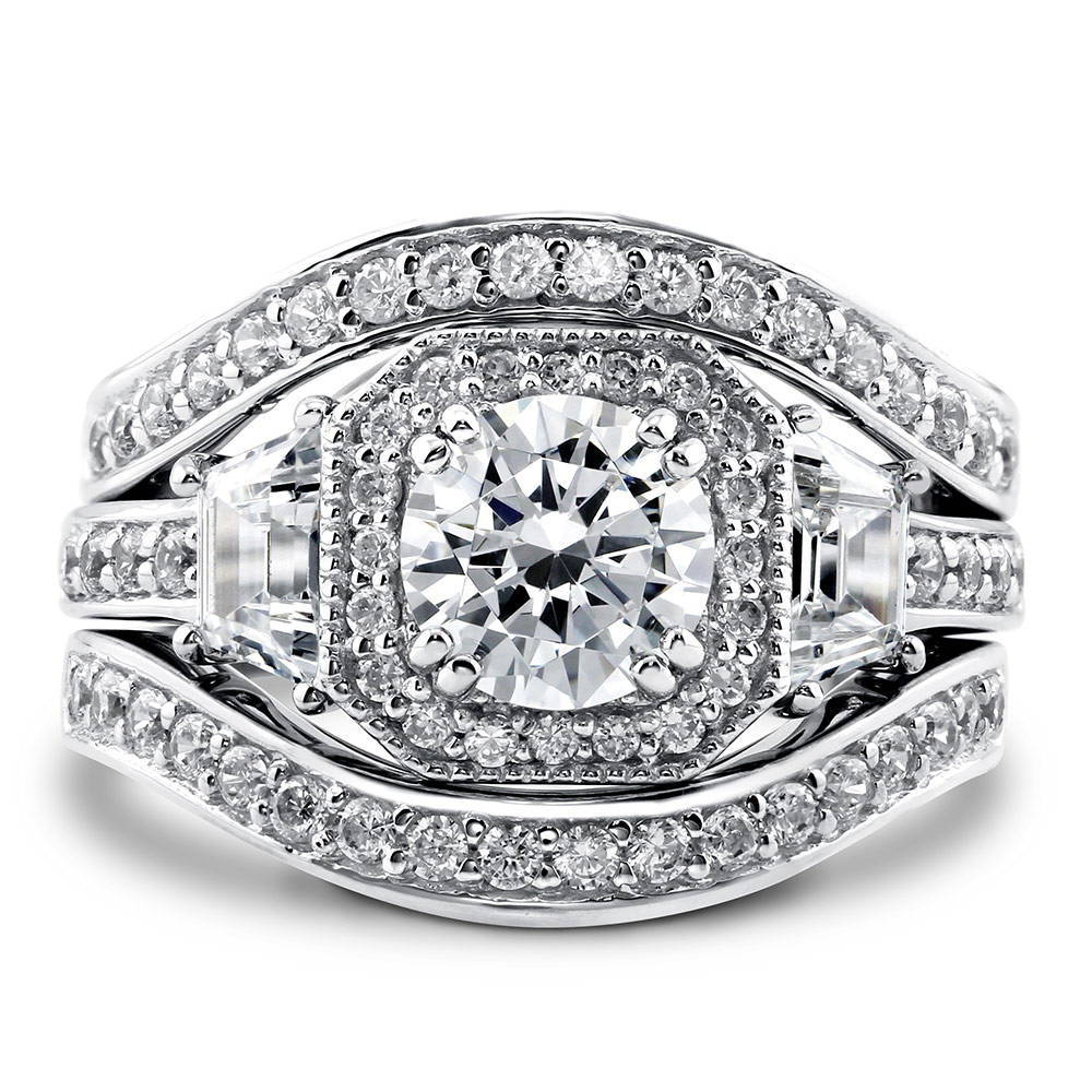 Halo Art Deco Round CZ Ring Set in Sterling Silver