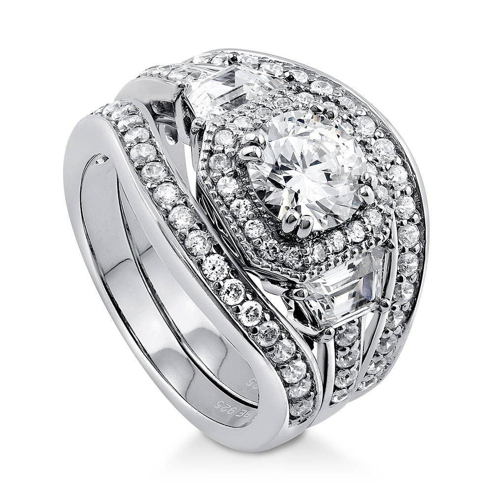 Halo Art Deco Round CZ Ring Set in Sterling Silver