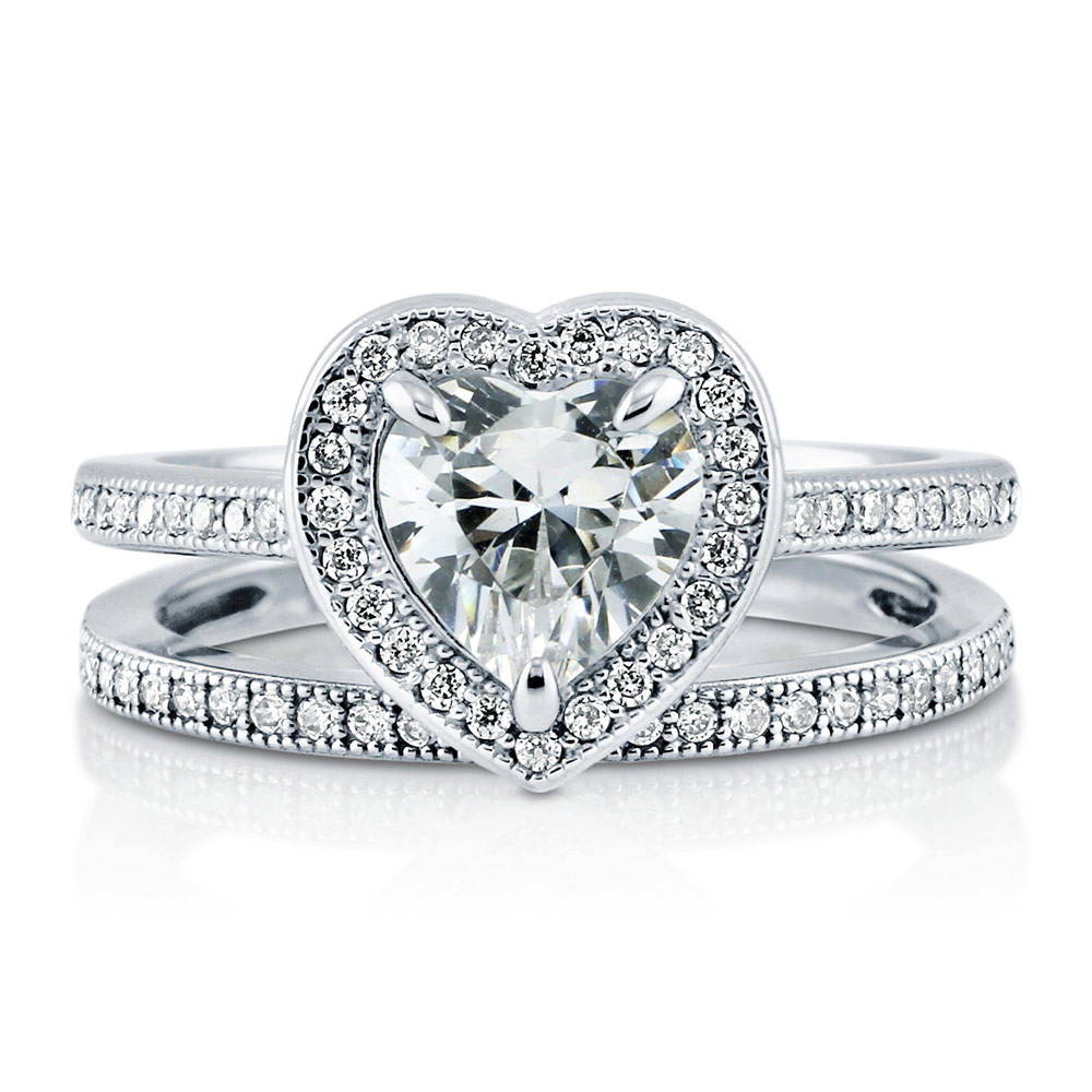 Halo Heart Heart CZ Ring Set in Sterling Silver