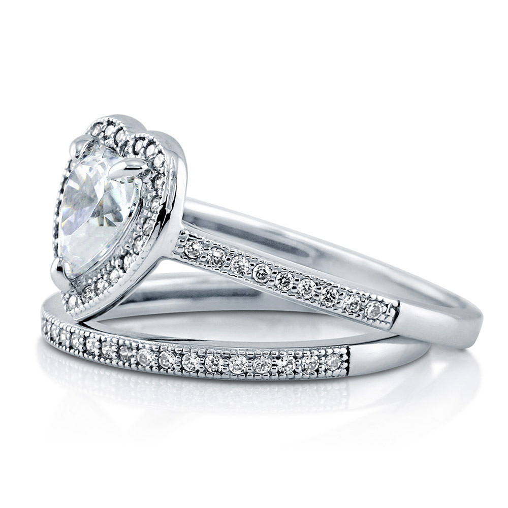 Halo Heart Heart CZ Ring Set in Sterling Silver