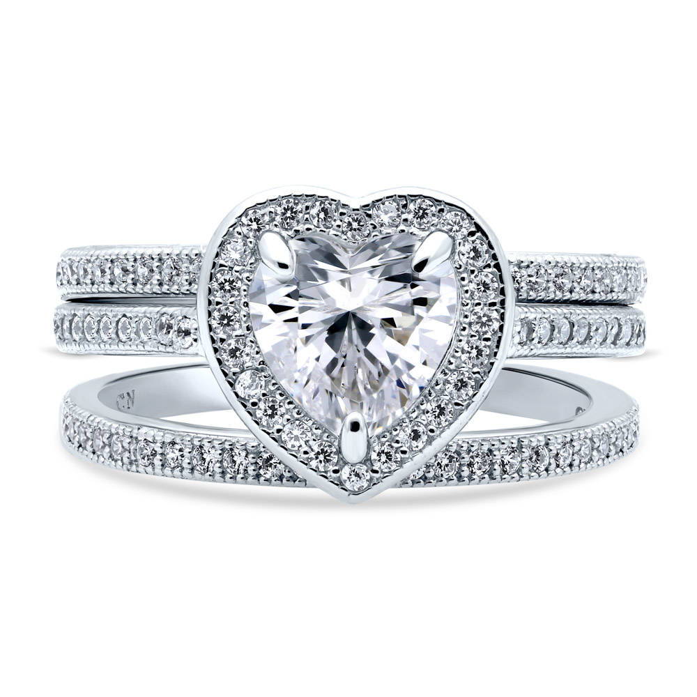 Halo Heart CZ Ring Set in Sterling Silver, 1 of 7